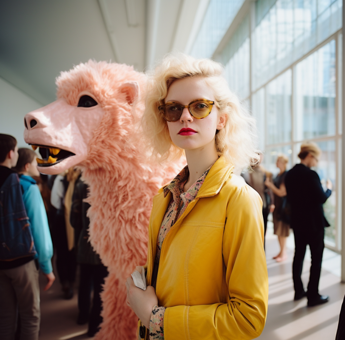 Frauenporträt mit Tier in einer Galerie - AI generierte Bilder