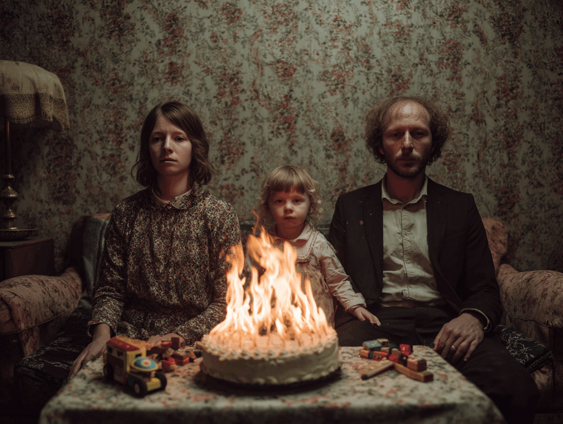 Ki Generierte Familiensituatin in einem brennendem Wohnzimmer