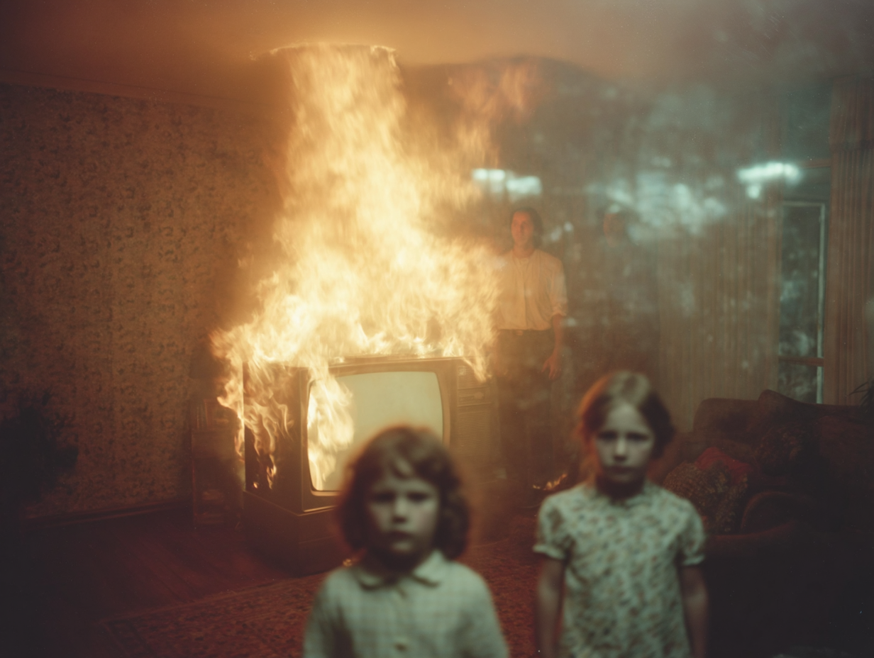 Ki Generierte Familiensituatin in einem brennendem Wohnzimmer