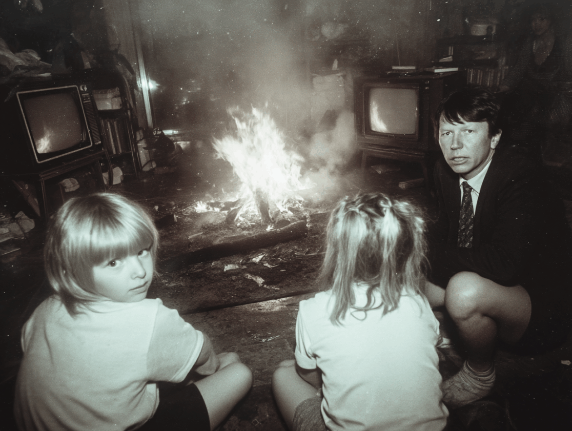 Ki Generierte Familiensituatin in einem brennendem Wohnzimmer